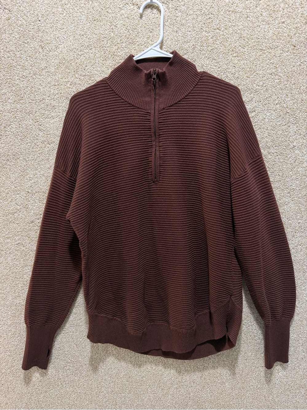 Brown ribbed sweater half zip cozy comfy fall travel elevated basic lounge relax